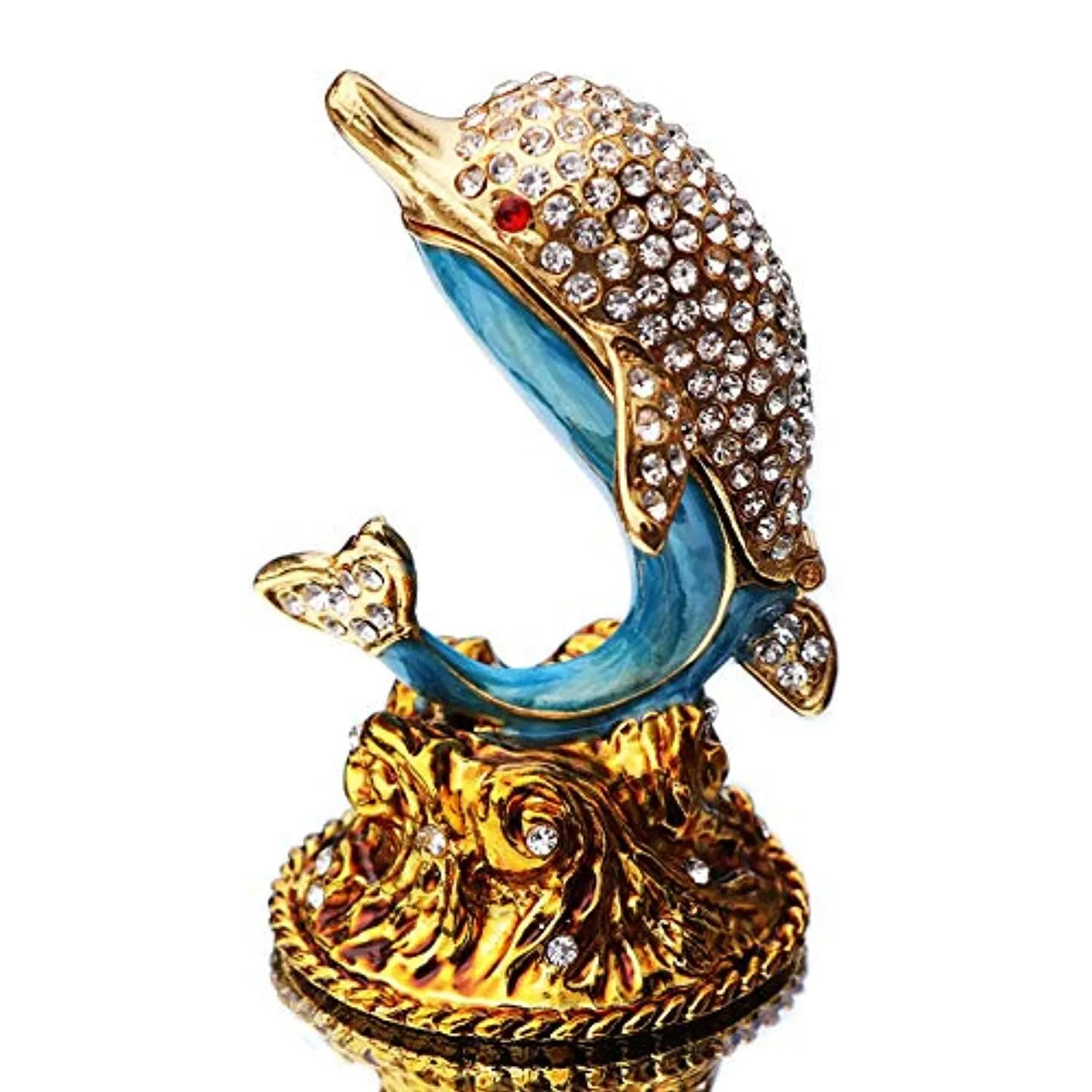 White Diamond Dolphin Hand Painted Enameled Decorative Hinged Jewelry Animal Trinket Box