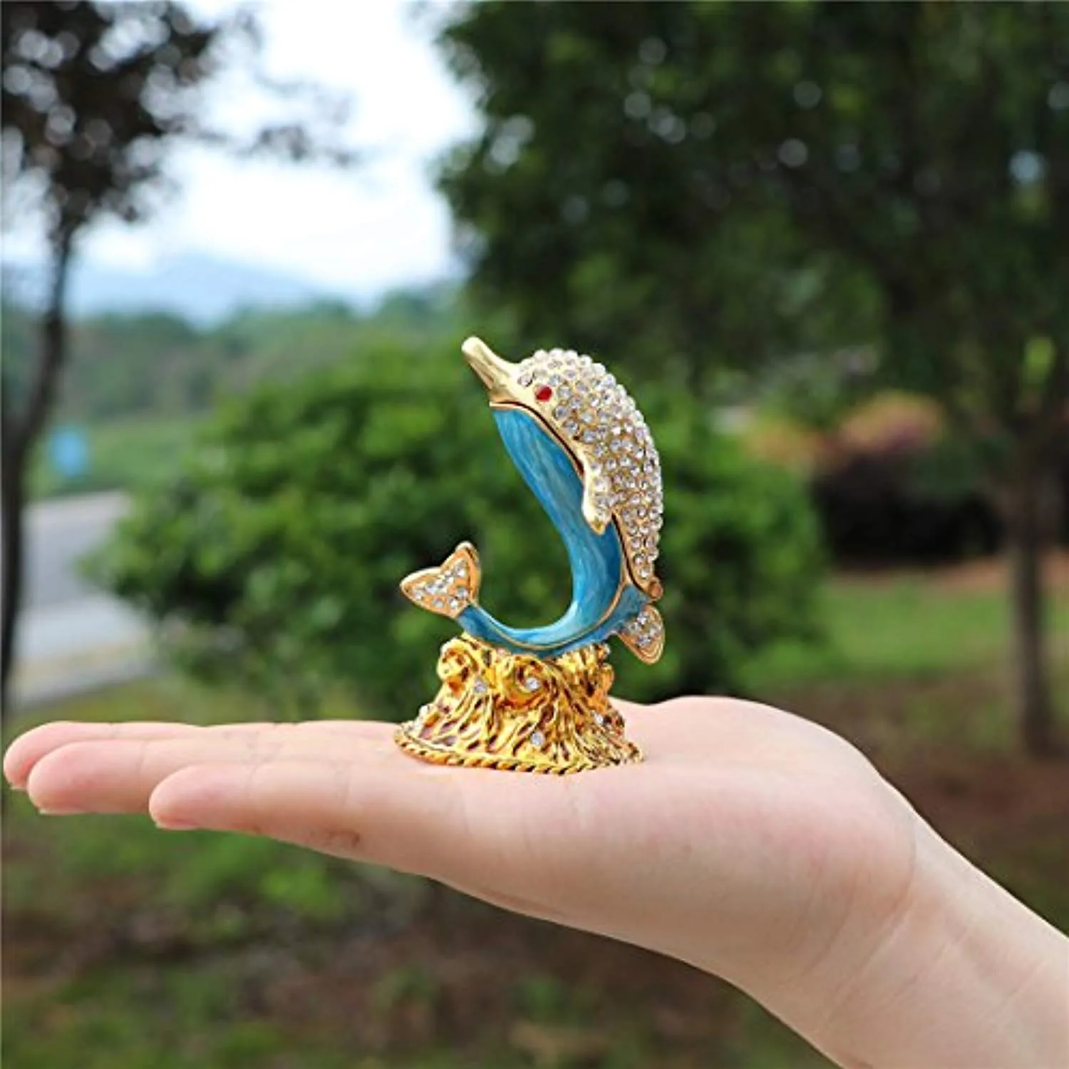 White Diamond Dolphin Hand Painted Enameled Decorative Hinged Jewelry Animal Trinket Box