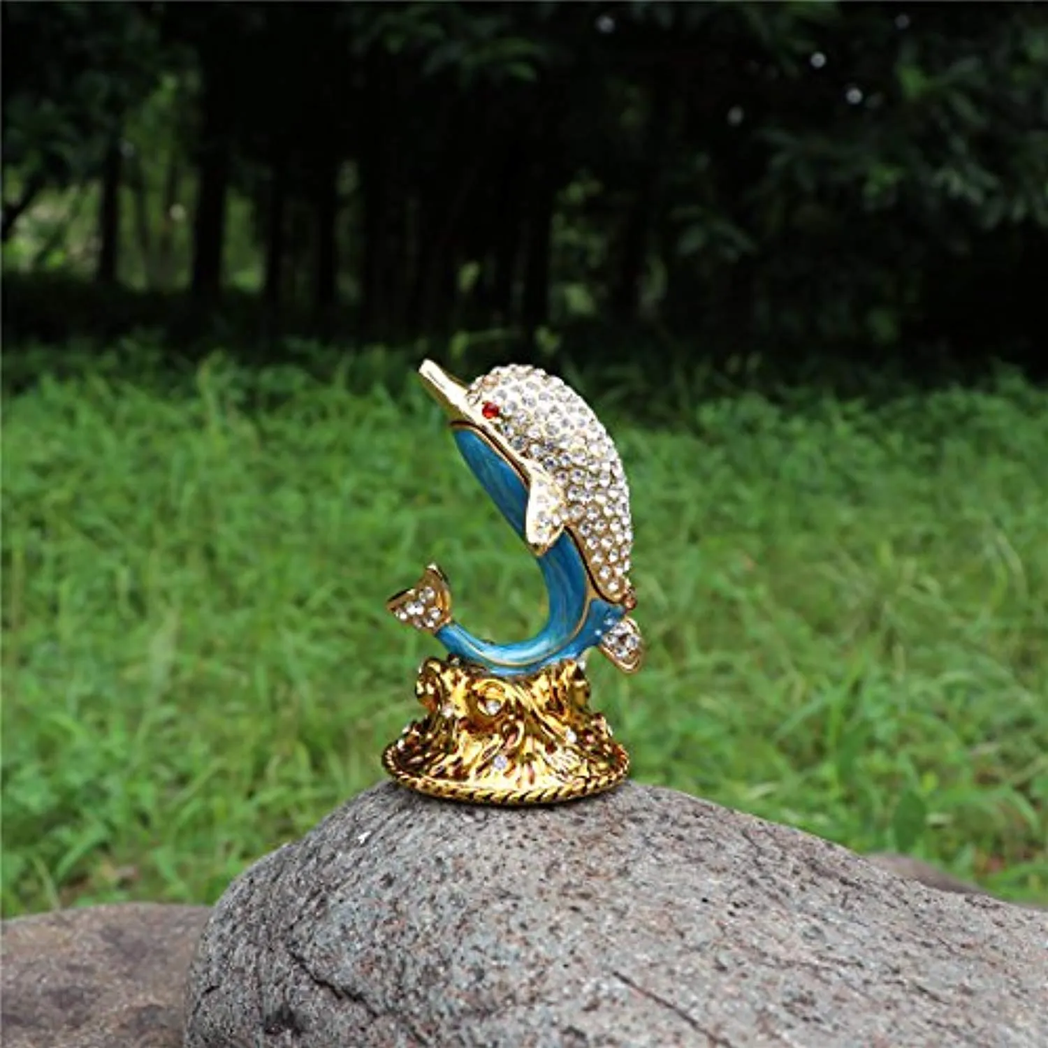 White Diamond Dolphin Hand Painted Enameled Decorative Hinged Jewelry Animal Trinket Box
