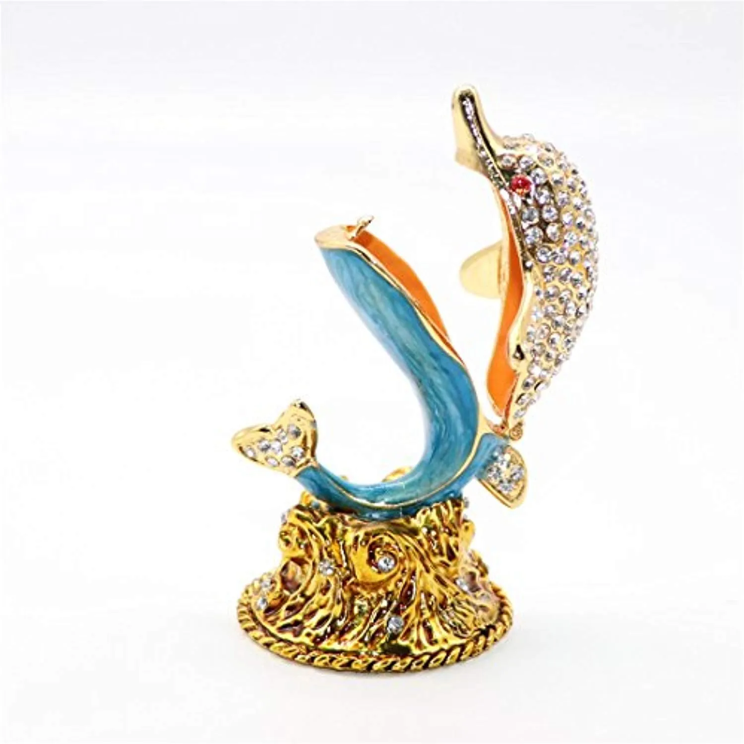 White Diamond Dolphin Hand Painted Enameled Decorative Hinged Jewelry Animal Trinket Box