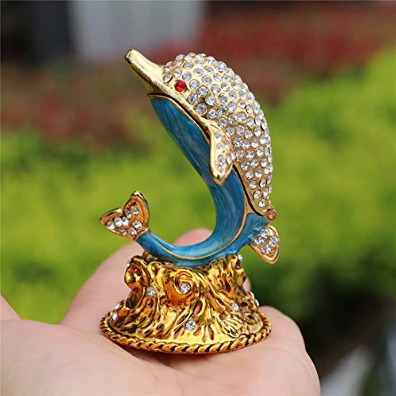 White Diamond Dolphin Hand Painted Enameled Decorative Hinged Jewelry Animal Trinket Box