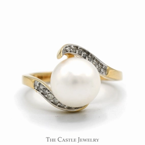 Affordable Trinket White Round Pearl Ring with Diamond Accented Bypass Setting in 14k Yellow Gold