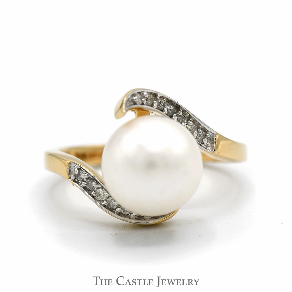 Affordable Trinket White Round Pearl Ring with Diamond Accented Bypass Setting in 14k Yellow Gold