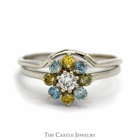 Amazing Statement Fashion feature White, Yellow & Blue Diamond Flower Cluster Soldered Bridal Set in 14k White Gold