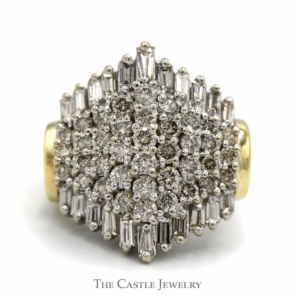 Exhibition Piece Designer Expression Wide 2.5cttw Round & Baguette Diamond Cluster Ring in 14k Yellow Gold