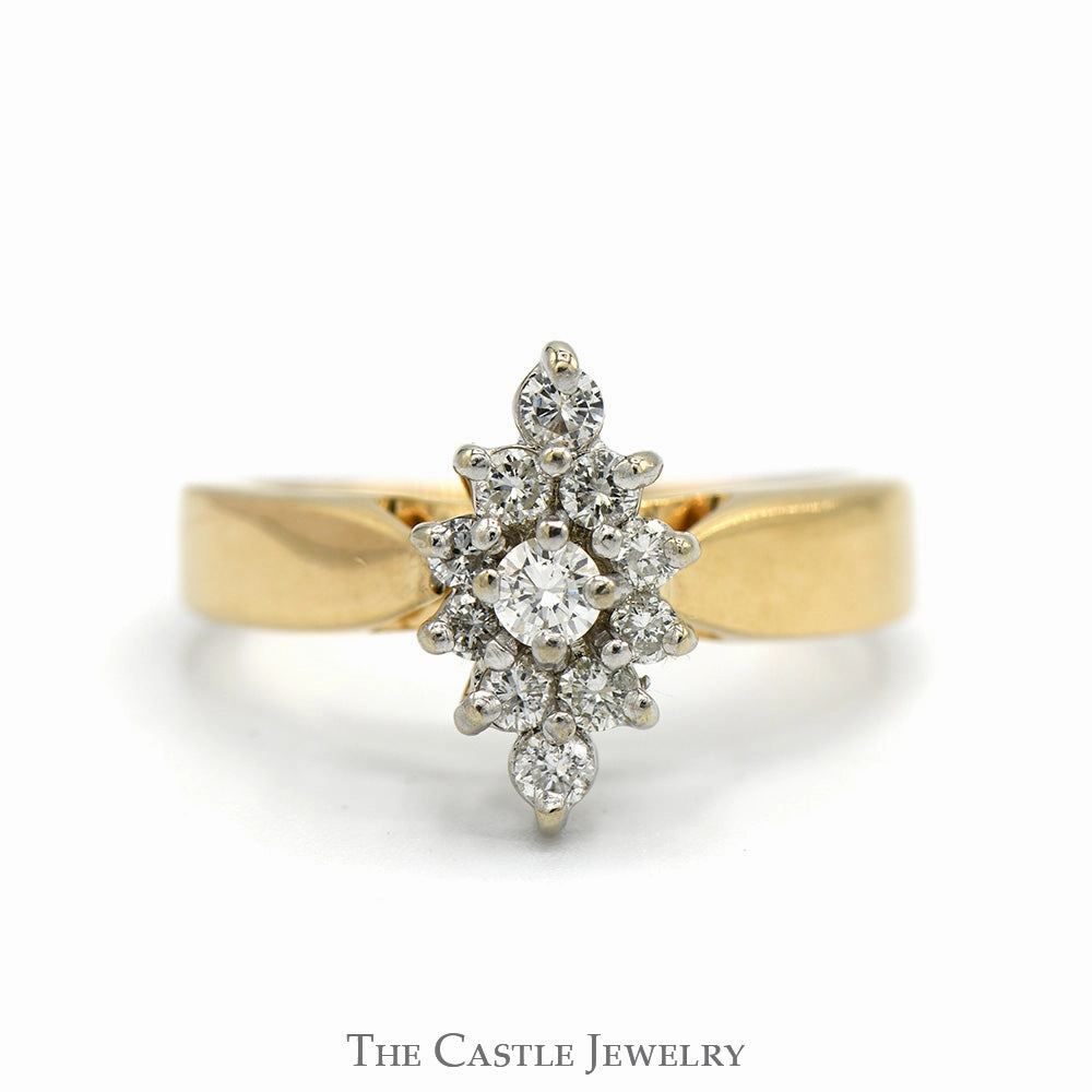 Marquise Shaped 1/2cttw Diamond Cluster Ring in 14k Yellow Gold Cathedral Mounting Sentimental Embellishment