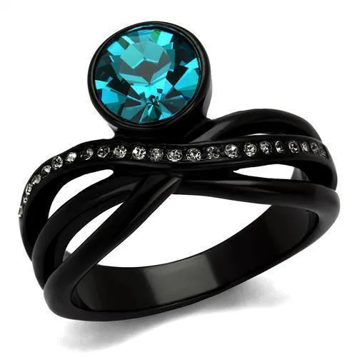 Women Black Stainless Steel Synthetic Crystal Rings Blue