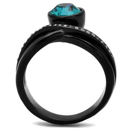 Women Black Stainless Steel Synthetic Crystal Rings Blue