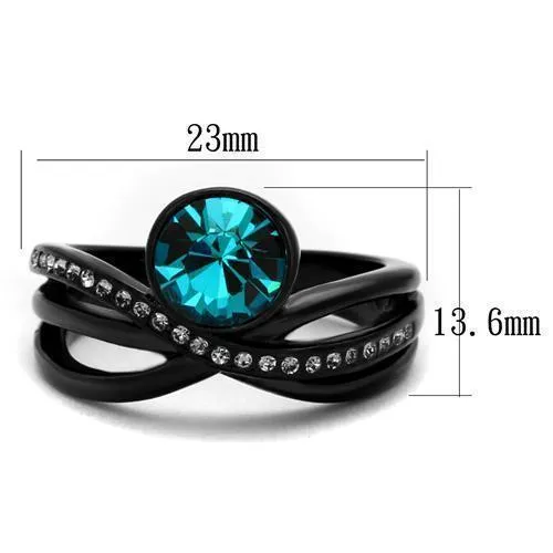 Women Black Stainless Steel Synthetic Crystal Rings Blue