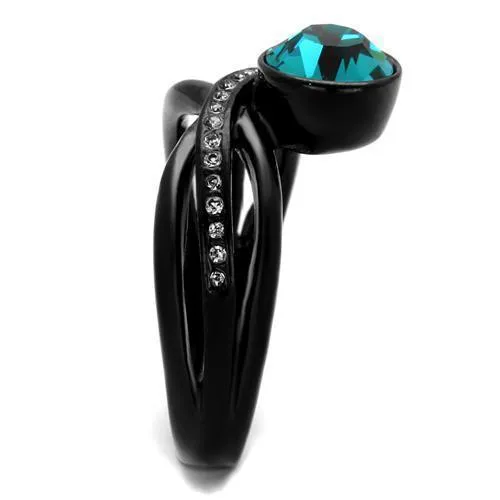 Women Black Stainless Steel Synthetic Crystal Rings Blue