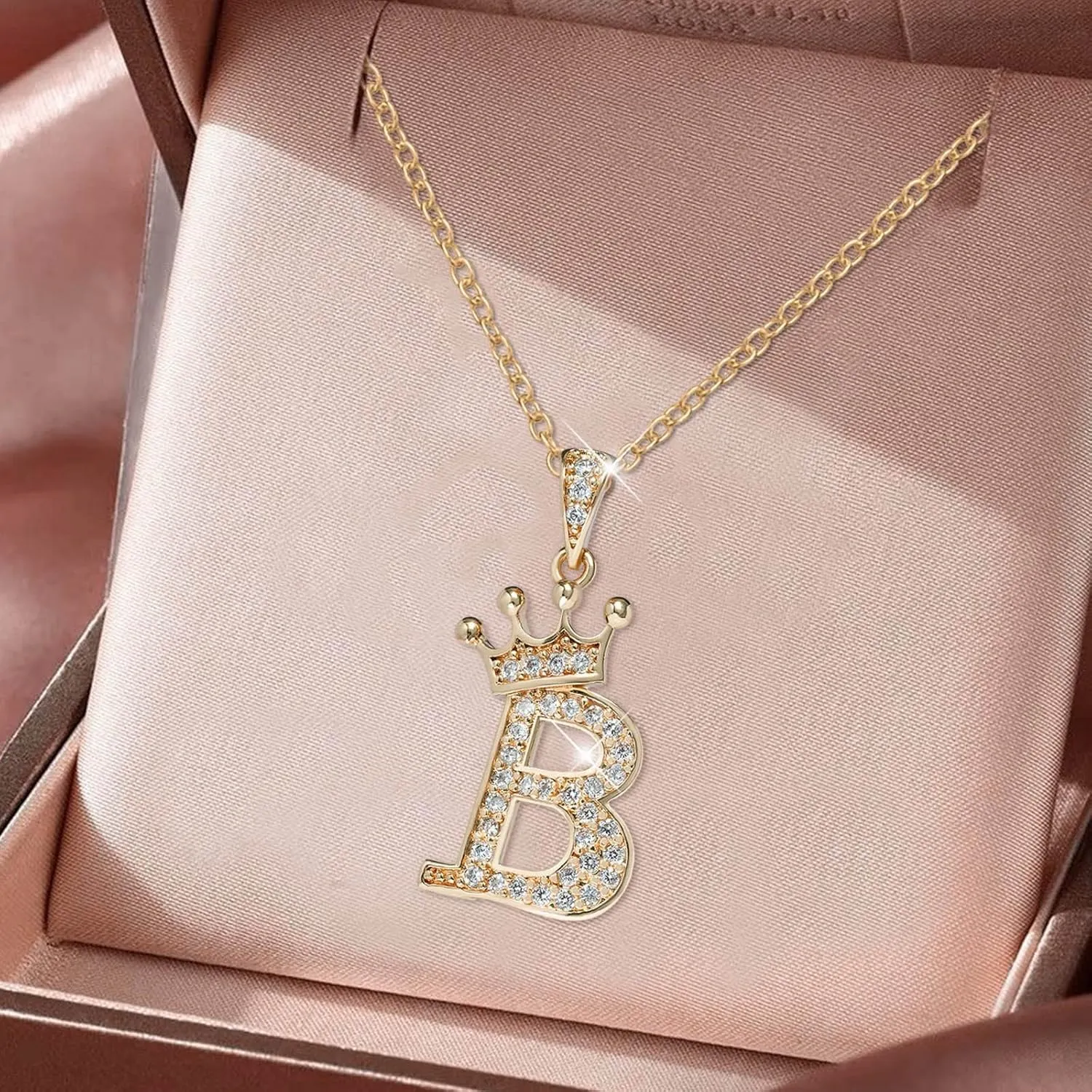 Women Crown Initial Pendant Necklaces Inlaid Zircon Statement Choker Necklace Dainty Wedding Necklaces (B, One Size)