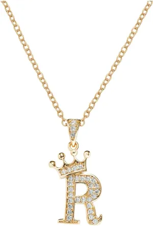 Women Crown Initial Pendant Necklaces Inlaid Zircon Statement Choker Necklace Dainty Wedding Necklaces Lady (R, One Size)