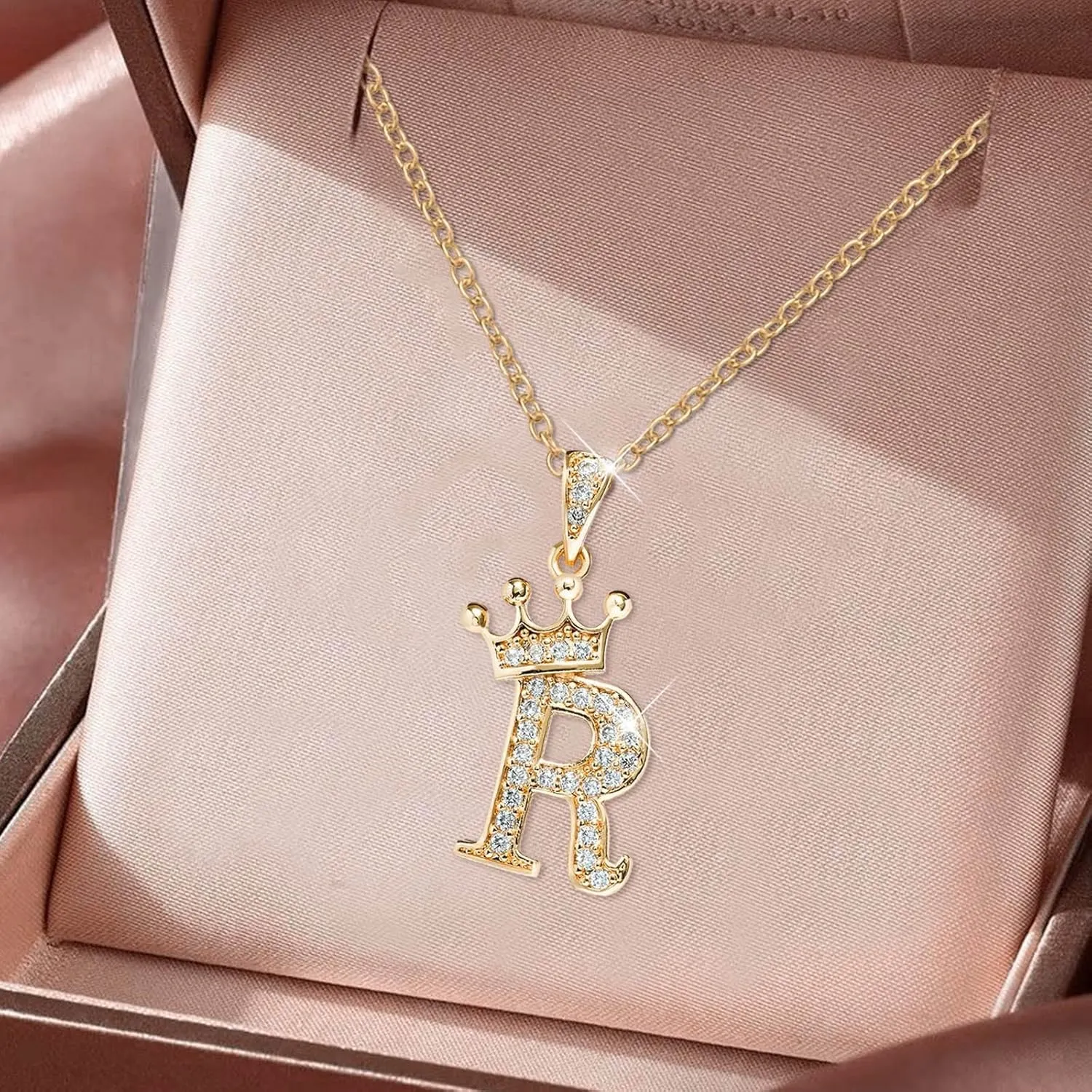 Women Crown Initial Pendant Necklaces Inlaid Zircon Statement Choker Necklace Dainty Wedding Necklaces Lady (R, One Size)