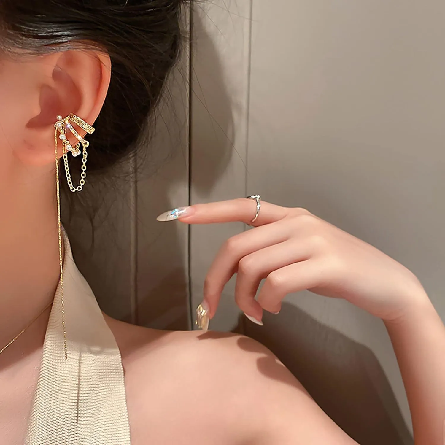 Women Earring Mother Valentine's Day Gifts Single Ear Non Piercing Clip Cuff Earring Super Long Pearl Tassel Dangle And Dropping Earring 1 Count Pack Of 1 Hoop Earrings 60mm