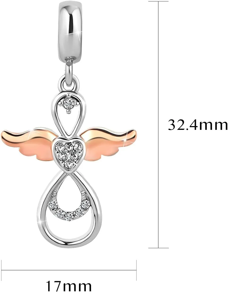 Women Guardian Angel Heart Charm Compatible with Pandora Charm Bracelet Clear CZ Rose Gold Dangle Anniversary Birthday