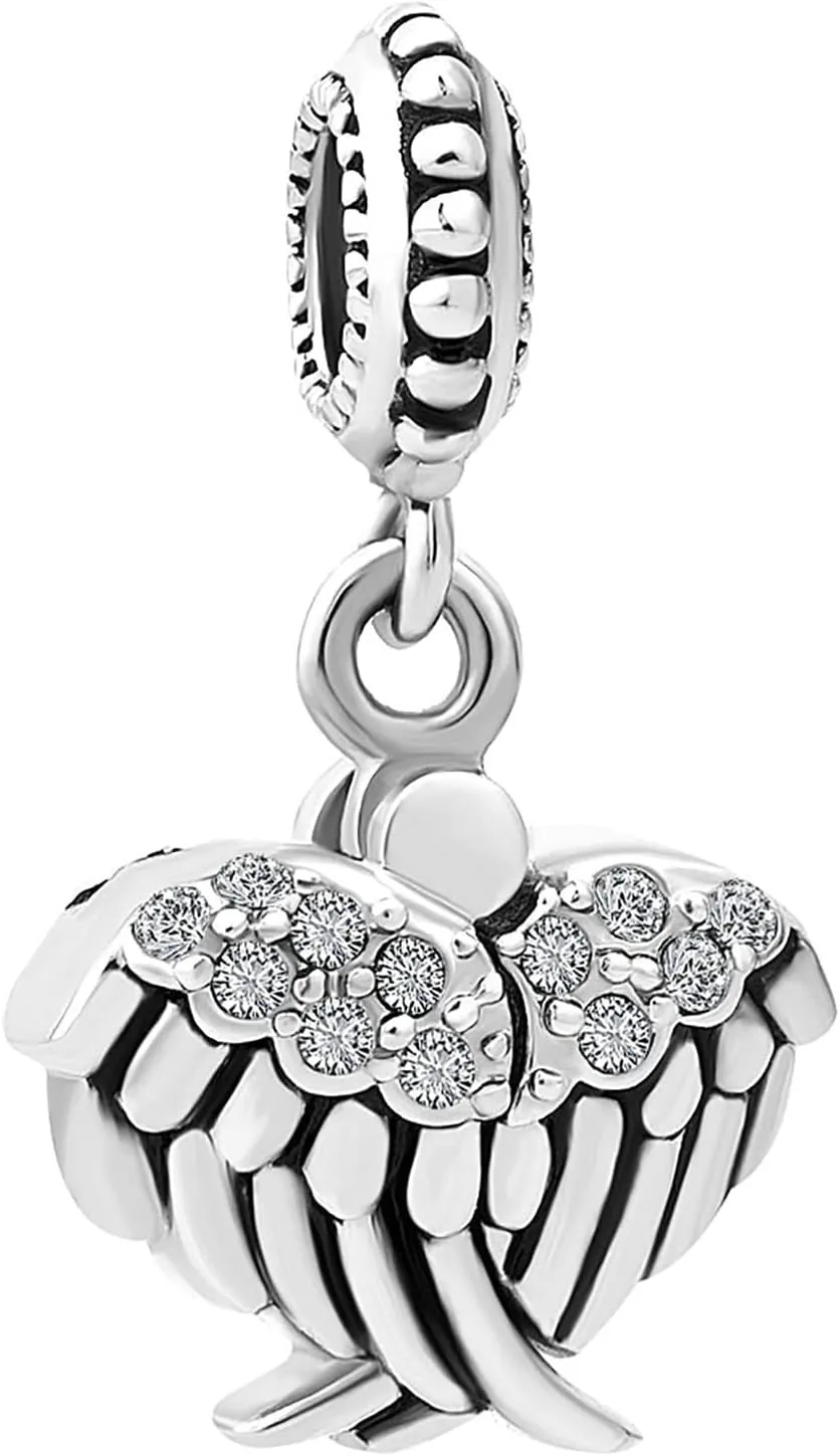 Women Guardian Angel Heart Charm Compatible with Pandora Charm Bracelet Clear CZ Rose Gold Dangle Anniversary Birthday