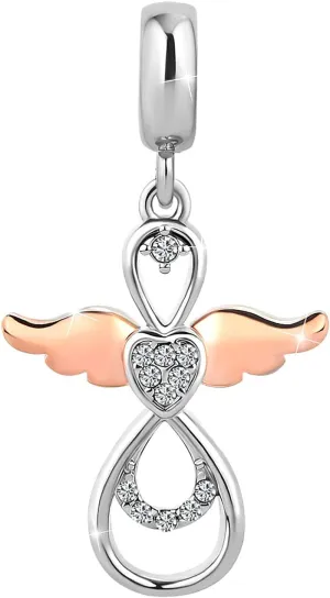 Women Guardian Angel Heart Charm Compatible with Pandora Charm Bracelet Clear CZ Rose Gold Dangle Anniversary Birthday