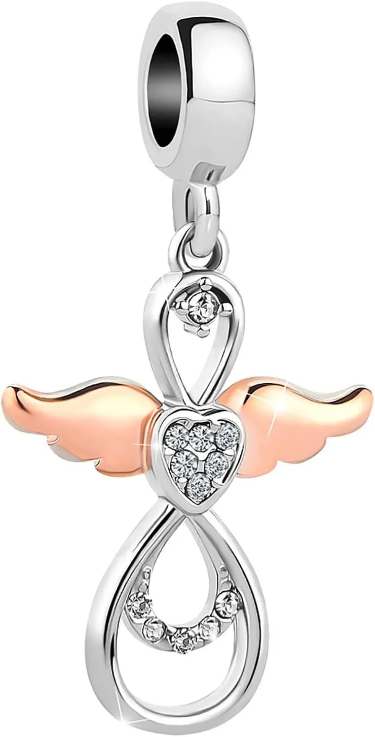 Women Guardian Angel Heart Charm Compatible with Pandora Charm Bracelet Clear CZ Rose Gold Dangle Anniversary Birthday