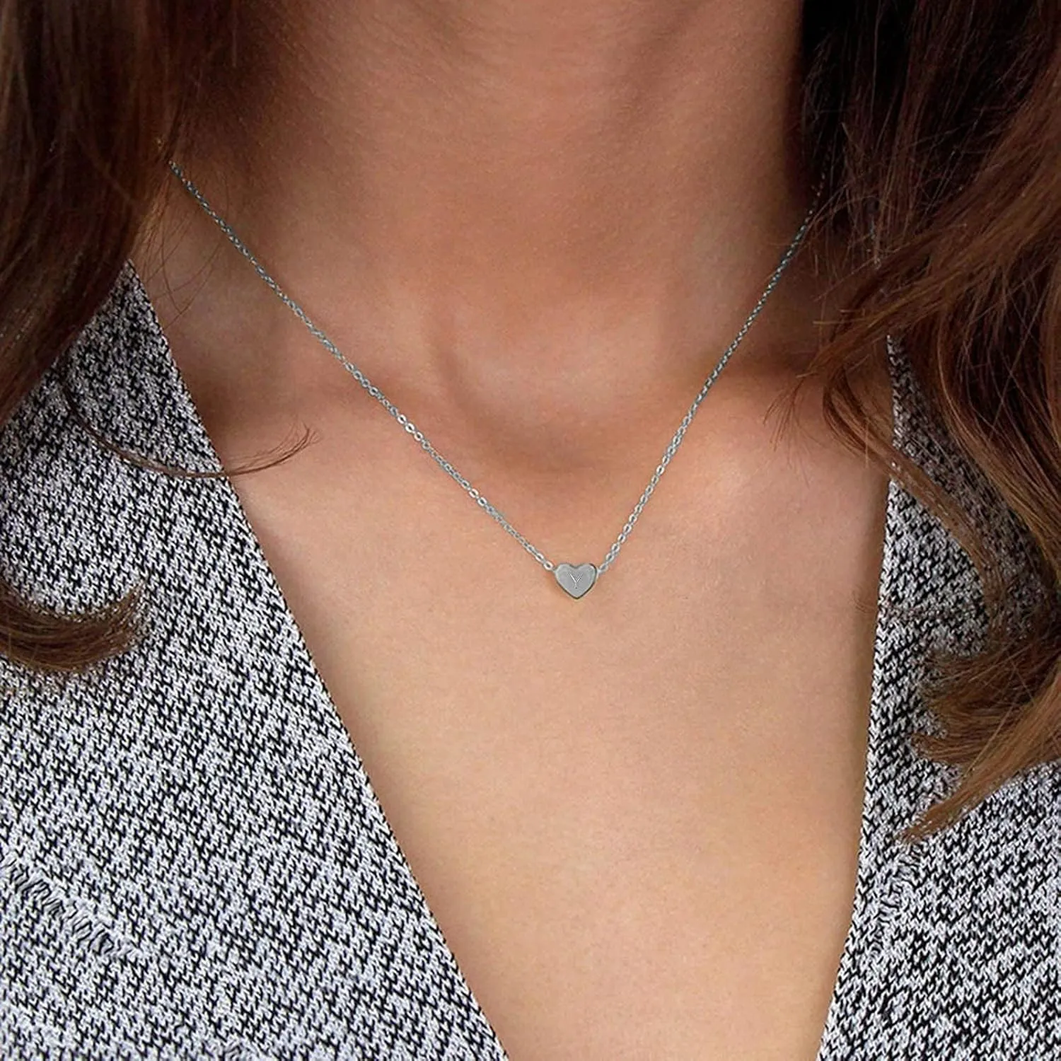 Women Heart Shape Initial Necklace Dainty Anniversary Clavicle Chain Stylish Minimalist Design Pendant Necklaces