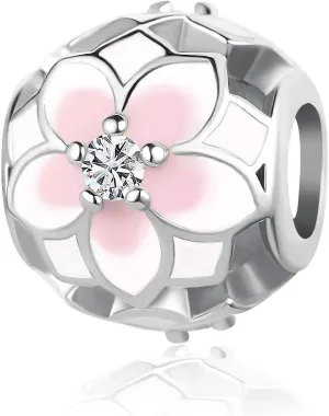 Women Pink Flower Charm Compatible with Pandora Charm Bracelets Floral Bead CZ Valentine Birthday Anniversary