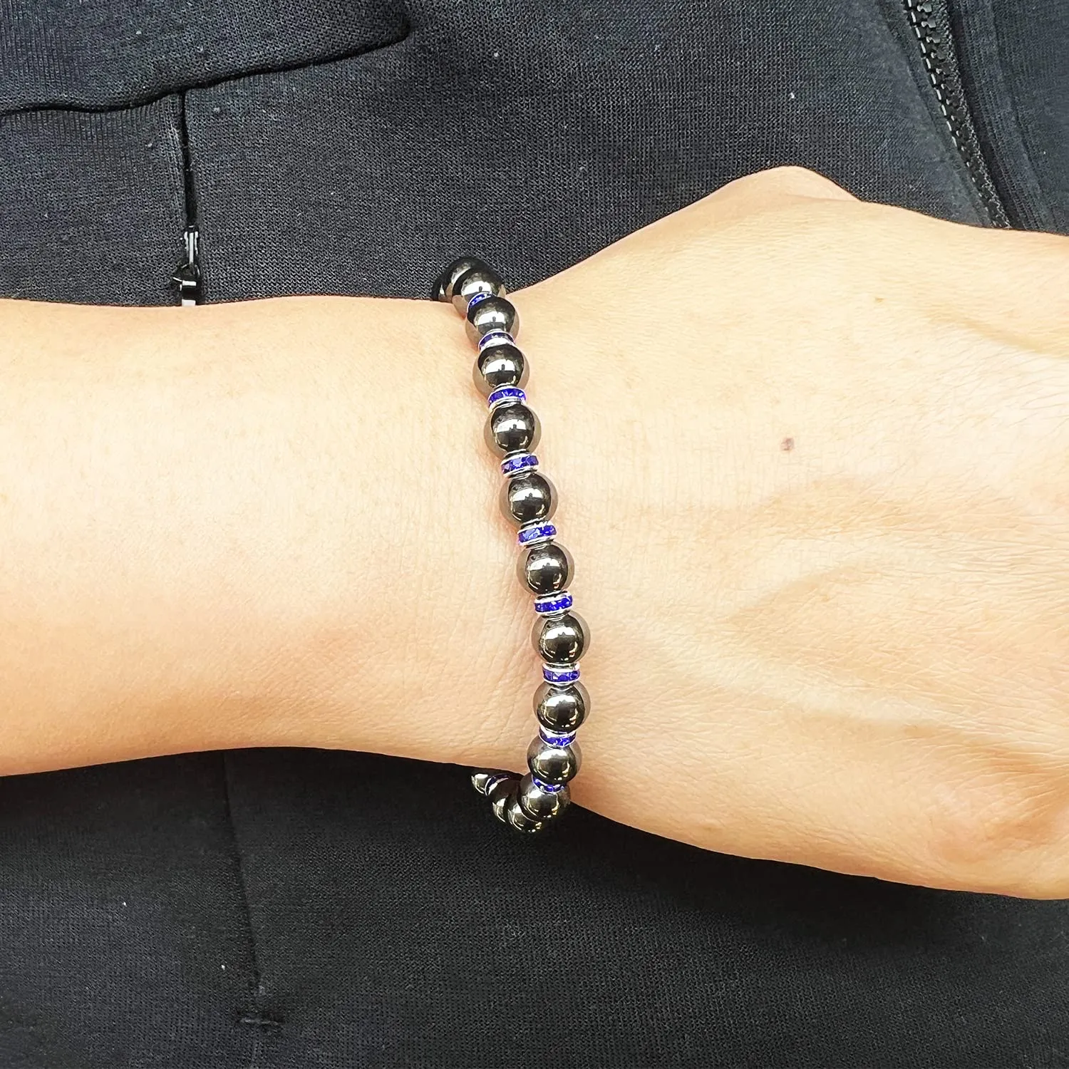 Women's Magnetic Bracelet，Hematite Bracelets，Magnetic Bracelets With Zirconia,Handmade Stretch Magnetic Bracelet，Eliminates static electricity. (Blue Zirconia,6MM)