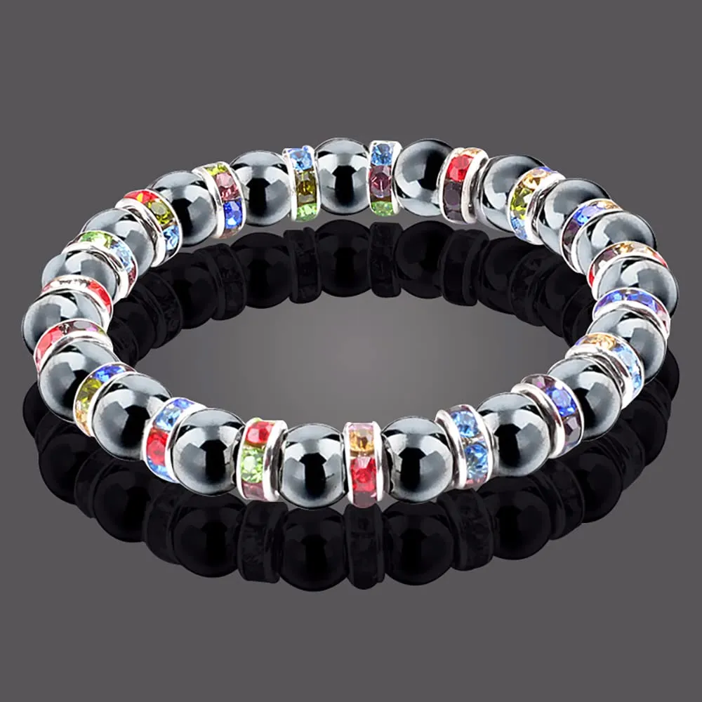 Women's Magnetic Bracelet，Hematite Bracelets，Magnetic Bracelets With Zirconia,Handmade Stretch Magnetic Bracelet，Eliminates static electricity. (Color Zirconia，8MM)