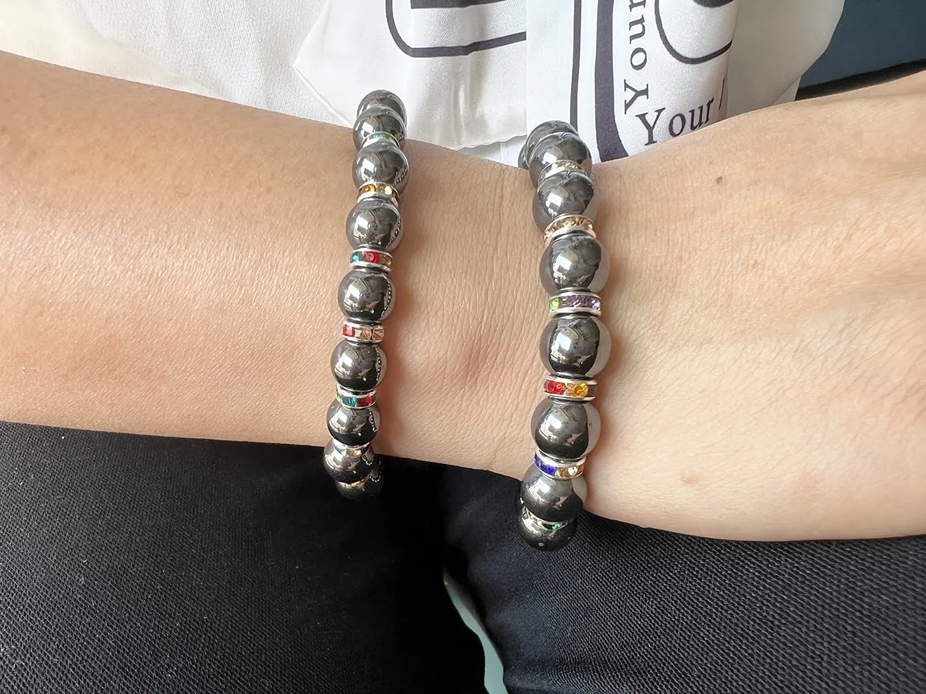 Women's Magnetic Bracelet，Hematite Bracelets，Magnetic Bracelets With Zirconia,Handmade Stretch Magnetic Bracelet，Eliminates static electricity. (Color Zirconia，8MM)
