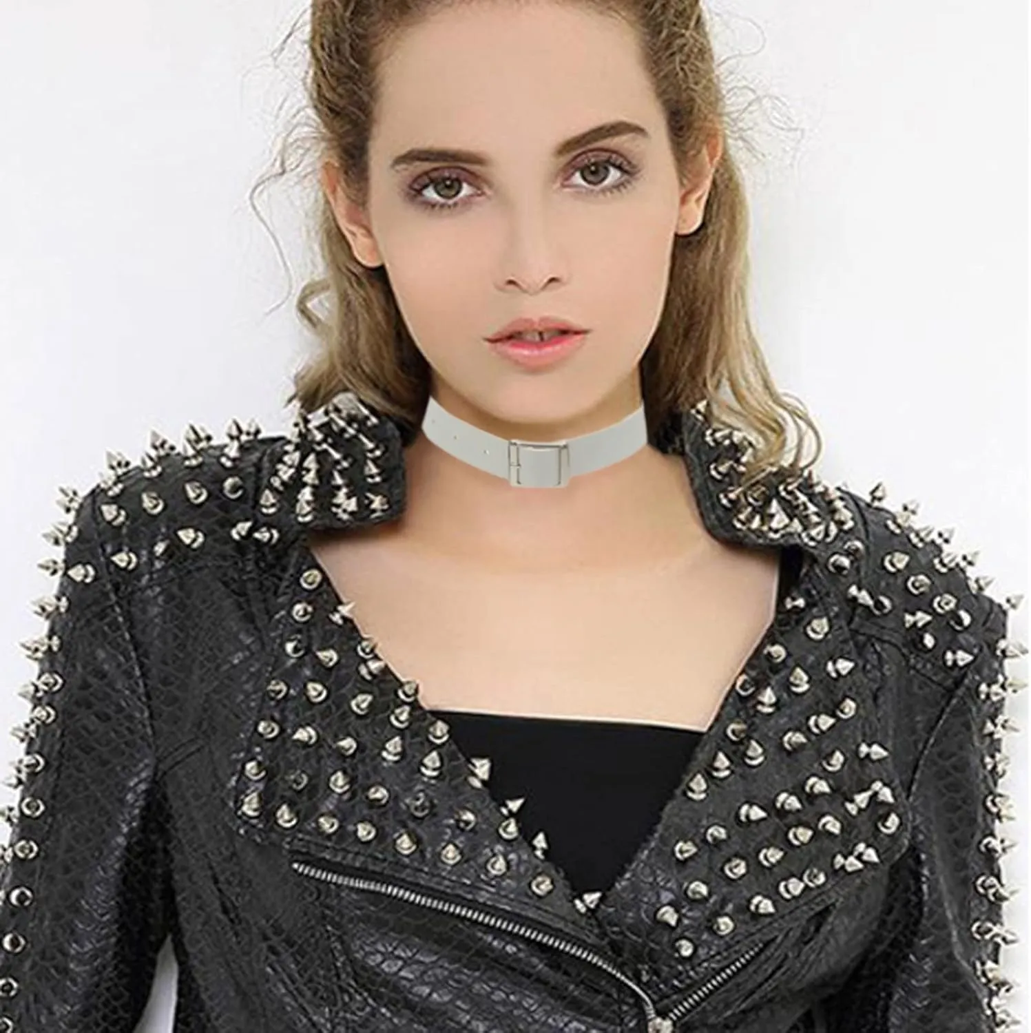Women's PU Leather Choker Collar Punk Style Necklace Adjustable Choker Costume Jewelry for Cosplay (White, One Size)