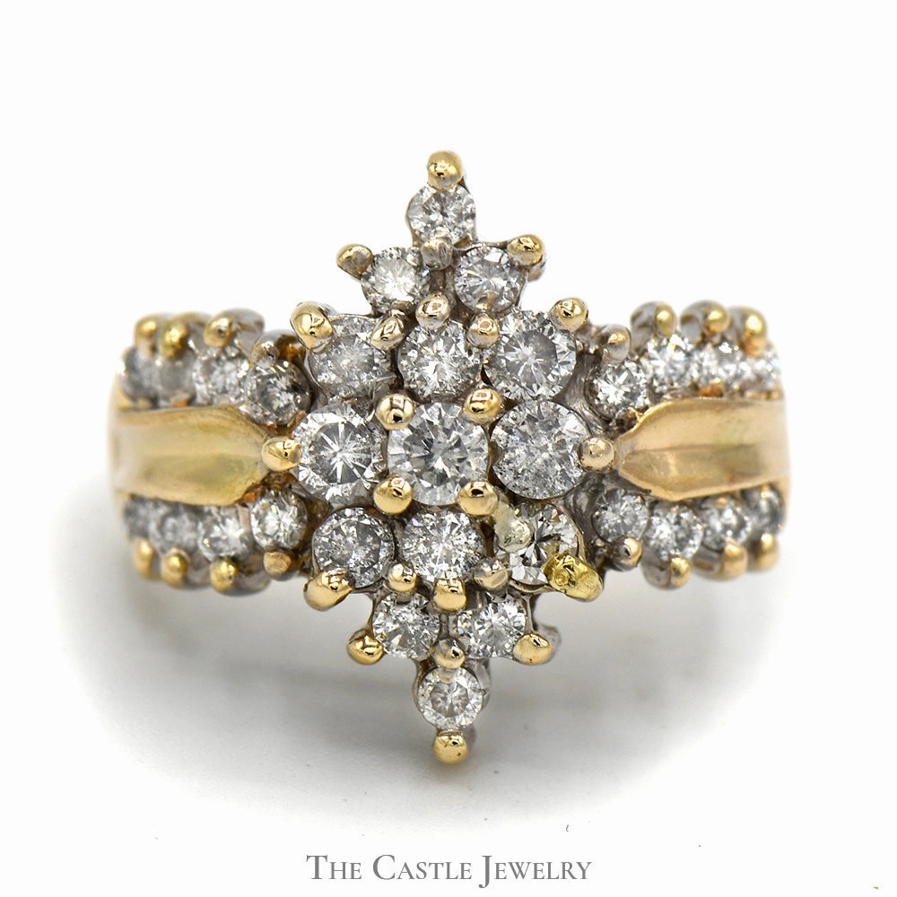 Daily Balance Classic Object Marquise Shaped Diamond Cluster Ring in Diamond Accented Concaved 14k Yellow Gold Setting
