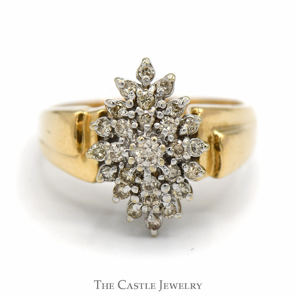Sparkling Embellishment Marquise Shaped 1/2cttw Diamond Cluster Ring in 14k Yellow Gold Ridged Mounting