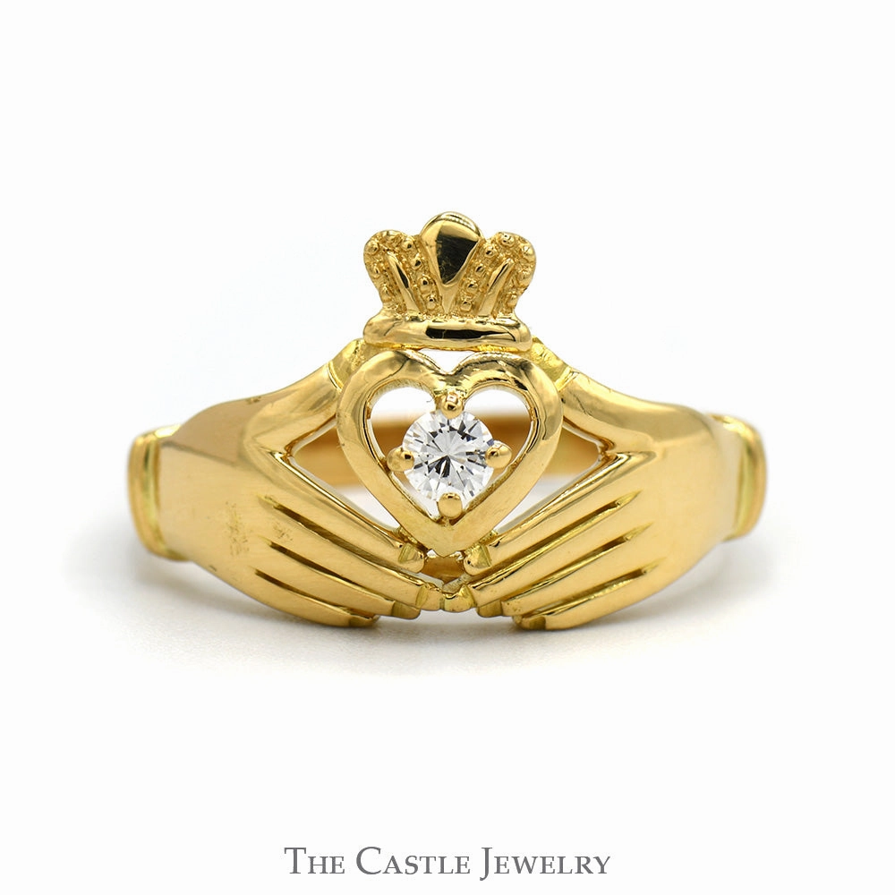 Mother??s Day .15ct Diamond Accented Irish Claddagh Ring in 18k Yellow Gold
