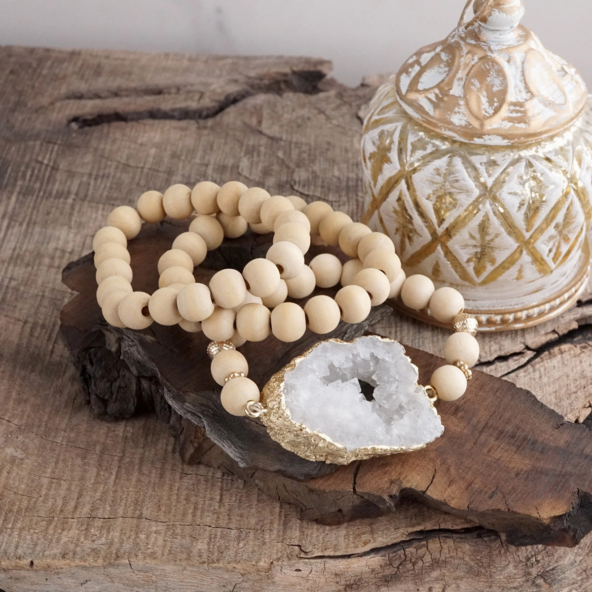 Wooden Beads, Sliced Stone Bracelet Set Stretchable Bands