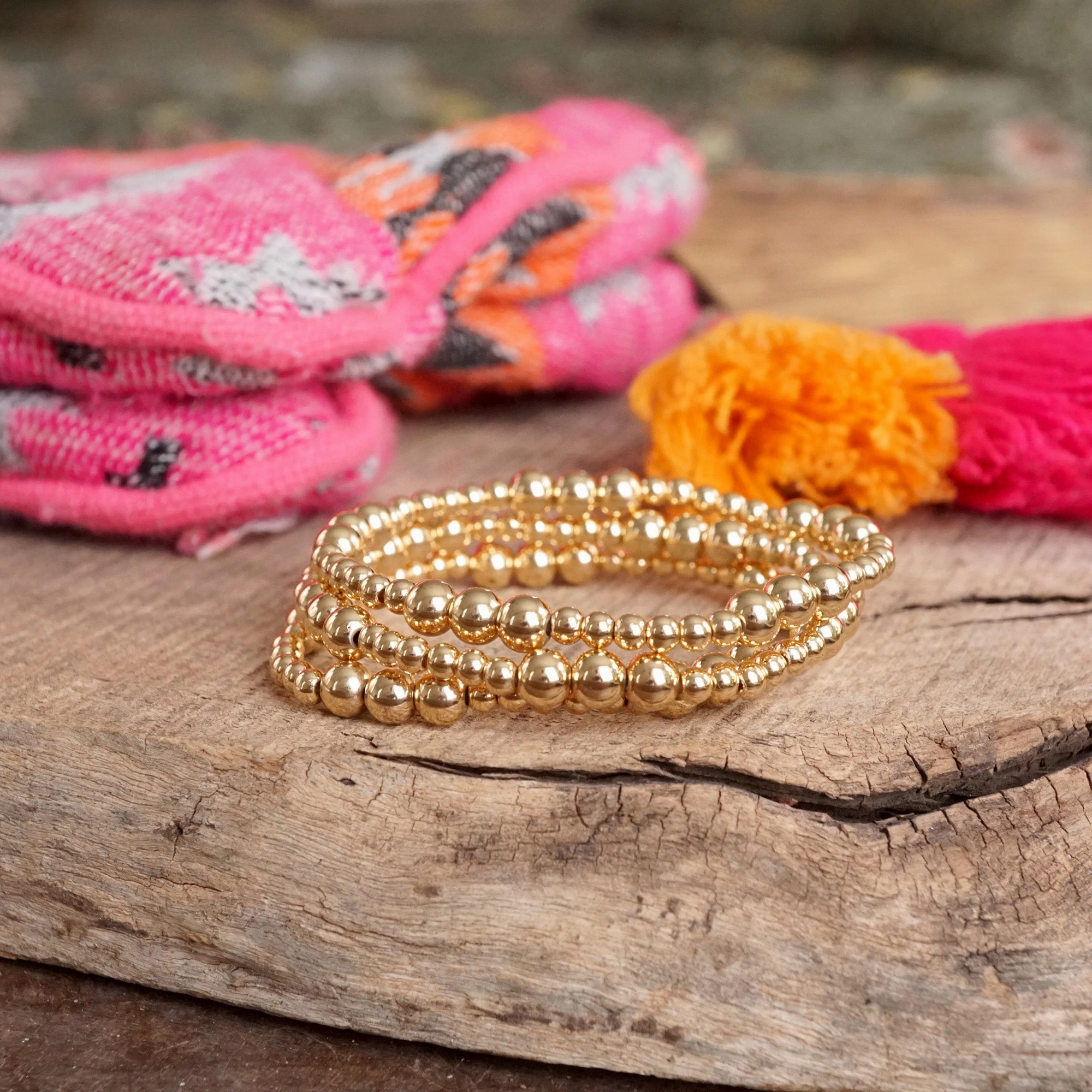 Ball Beaded Multi-Size Stretch Bracelet Stack ?C Gold Tone Practical Elegance