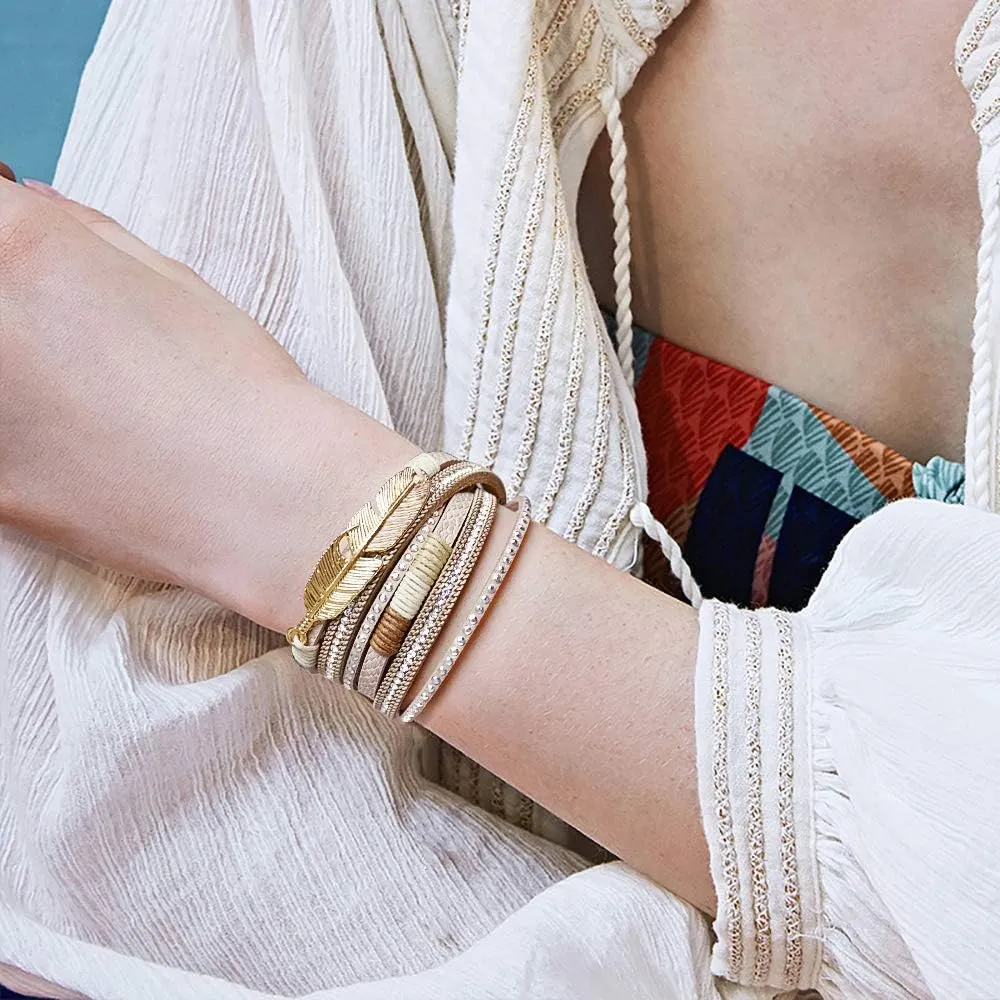 Wowanoo 3Pack Leather Cuff Bracelet Set Multilayer Wrap Bracelet Crystal Feather Tree Bracelet Magnetic Clasp Bracelet for Women