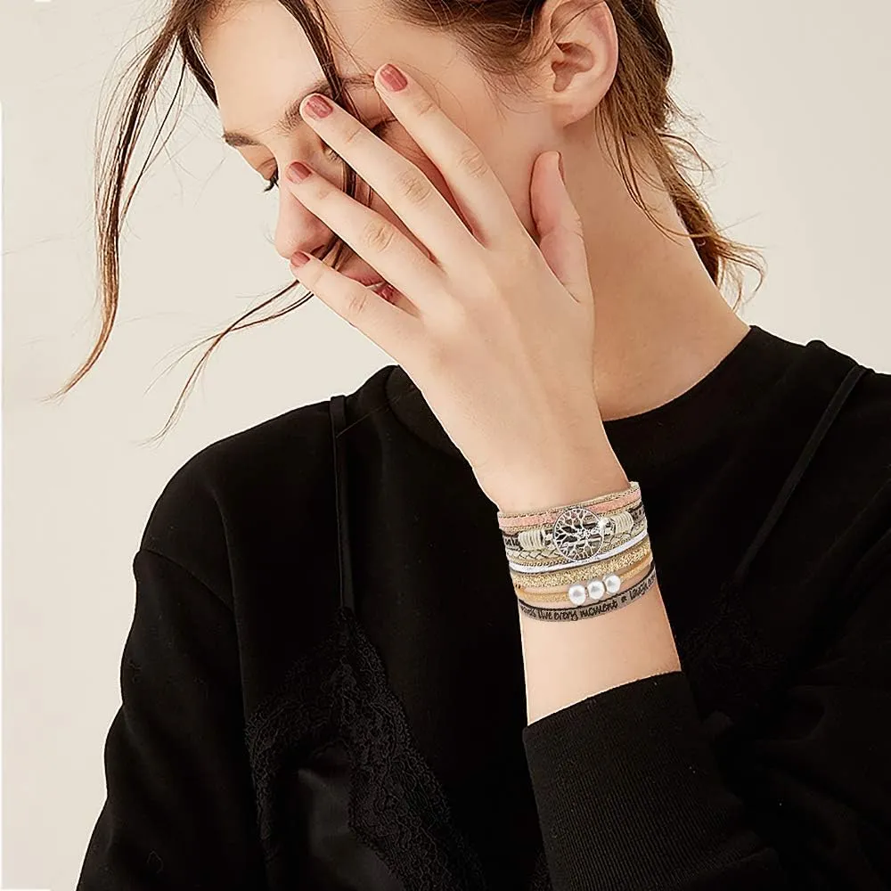 Wowanoo 3Pack Leather Cuff Bracelet Set Multilayer Wrap Bracelet Crystal Feather Tree Bracelet Magnetic Clasp Bracelet for Women