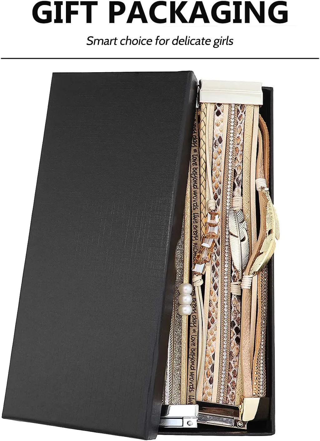 Wowanoo 3Pack Leather Cuff Bracelet Set Multilayer Wrap Bracelet Crystal Feather Tree Bracelet Magnetic Clasp Bracelet for Women