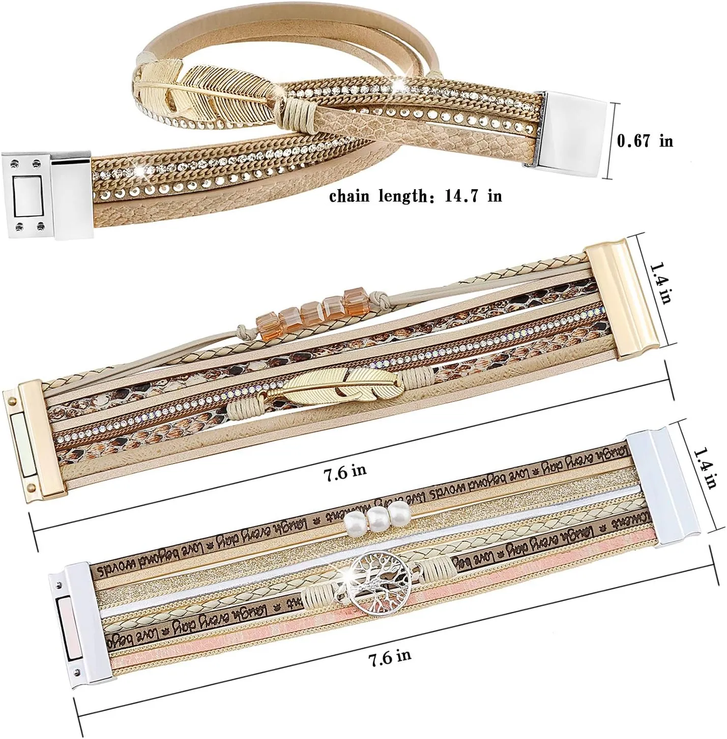 Wowanoo 3Pack Leather Cuff Bracelet Set Multilayer Wrap Bracelet Crystal Feather Tree Bracelet Magnetic Clasp Bracelet for Women