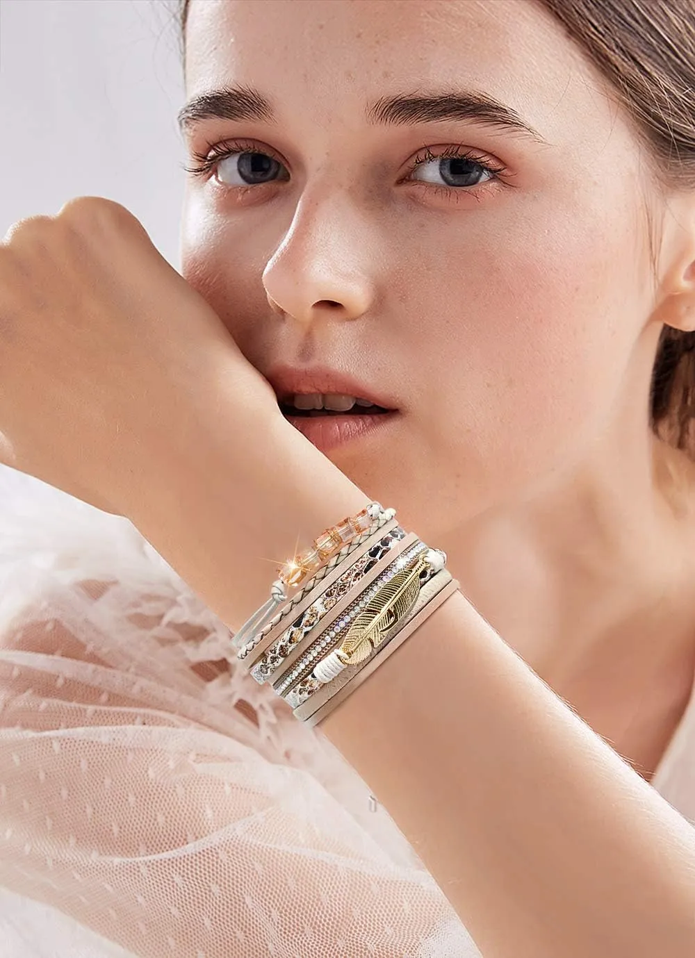 Wowanoo 3Pack Leather Cuff Bracelet Set Multilayer Wrap Bracelet Crystal Feather Tree Bracelet Magnetic Clasp Bracelet for Women