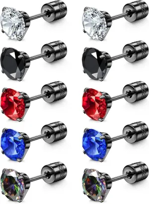 YADOCA 5Pairs Threadless Flat Back Earrings for Men Women Hypoallergenic Surgical Stainless Steel Earrings Studs Rainbow Cubic Zirconia Piercing Sleeper Earrings Set for Cartilage Black Tone