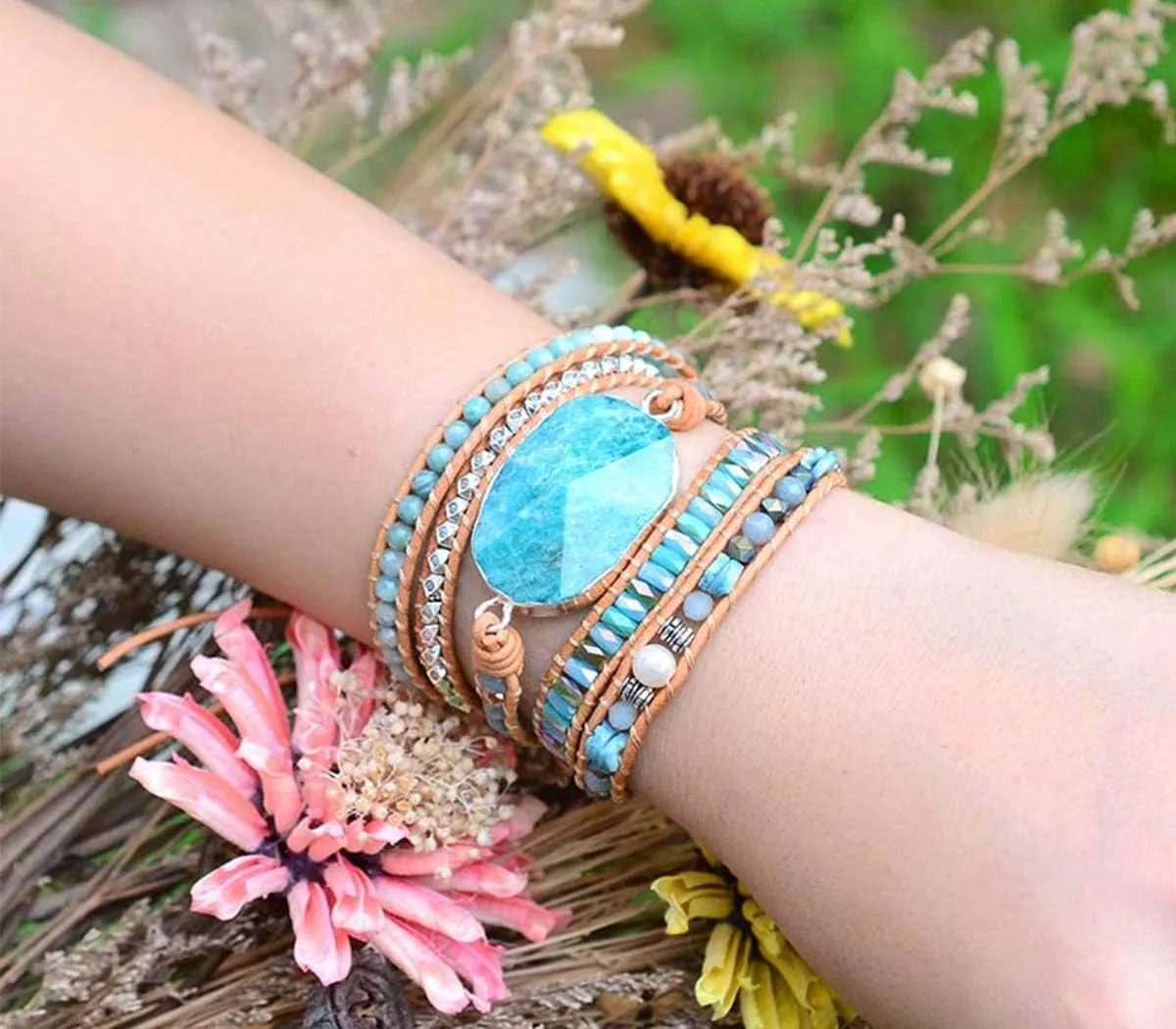 ZOSOJONA Boho Handmade Natural Stone Wrap Bracelets Turquoises Crystal Beads Bracelet Jewelry